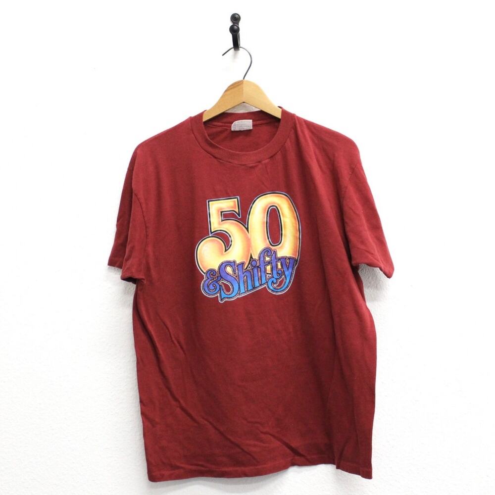 Vintage 80s 50 and Shifty Funny 50th Birthday Red T Shirt Mens XL